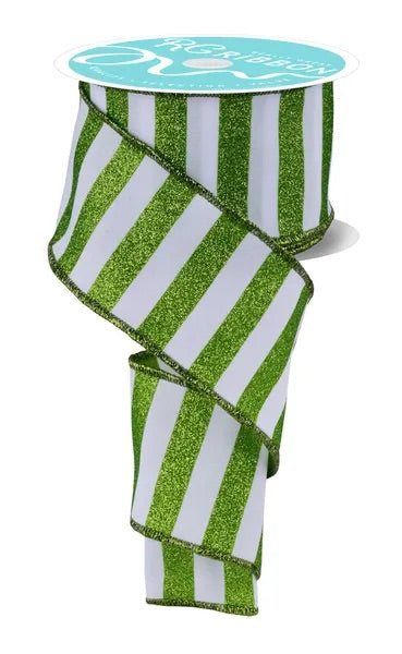 Wired Lime Green and White Horizontal Stripes Ribbon- 2.5”x 10 Yards
