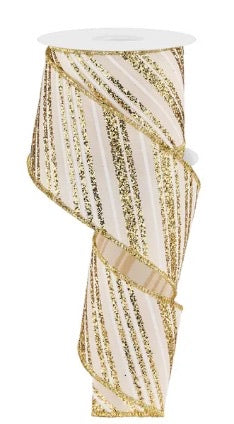 Wired Cream White Gold Glitter Diagonal Stripe Ribbon- 2.5”x10 Yards