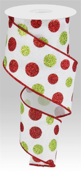 10 Yards - 2.5” Wired Red and Green Glitter Polka Dot Ribbon