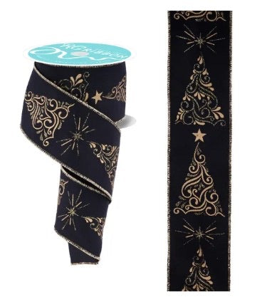 Wired Black with Metallic Gold Christmas Tree Ribbon-2.5”x10 Yards