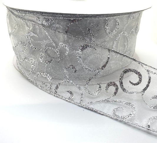 50 Yards - 2.5” Silver Sheer with Silver Glitter Swirls Christmas Ribbon