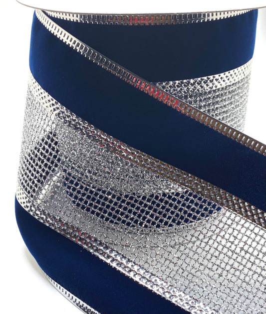 4” x 10yd Wired SilverGlitter Net with Silver Metallic Navy Velvet Edge Ribbon