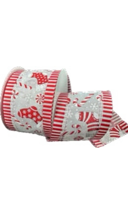 Wired White Satin Stockings and Candy Canes Ribbon- 2.5”x10 Yards