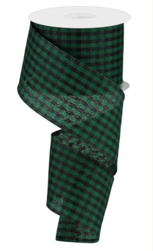 10 Yards - 1.5” Wired Green and Black Gingham Check Ribbon