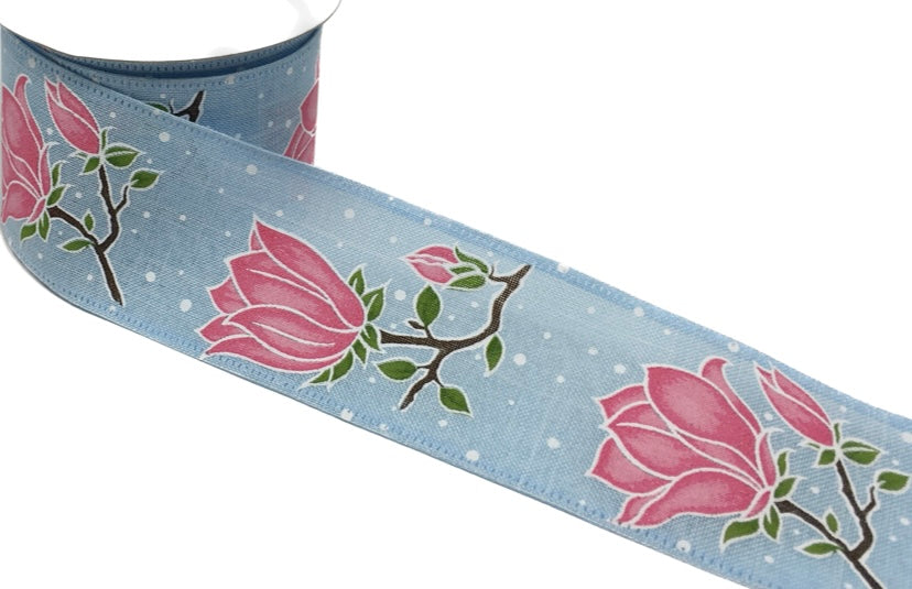 10 Yards - 2.5" Wired Blue Background Lotus Flower Ribbon