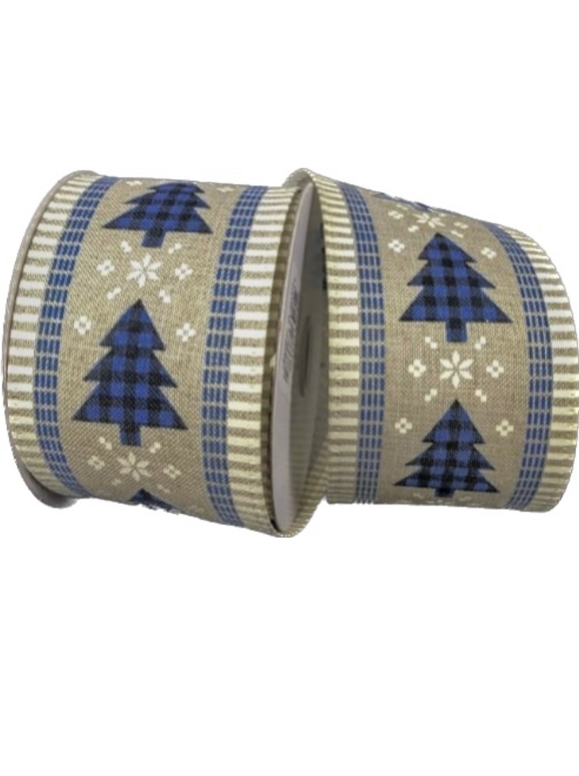 10 Yards - 2.5” Natural Background Blue Christmas Tree Ribbon