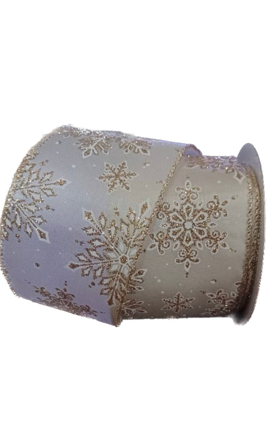 Wired Cream and Gold Snowflake Ribbon-2.5”x10 Yards