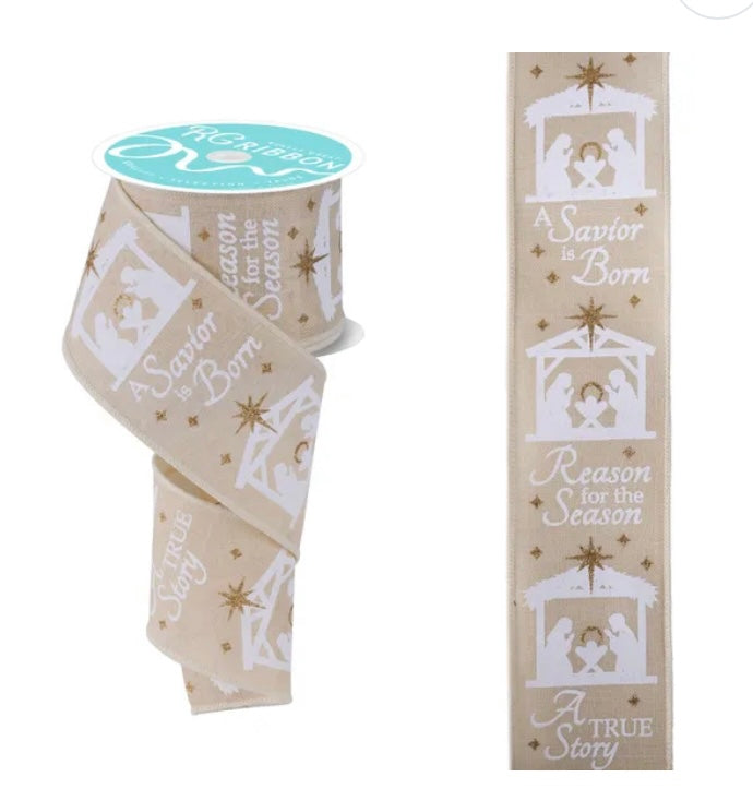 Wired Cream Jesus Is The Reason For The Season with Gold Glitter Accent Christmas Ribbon- 2.5”x10 Yards