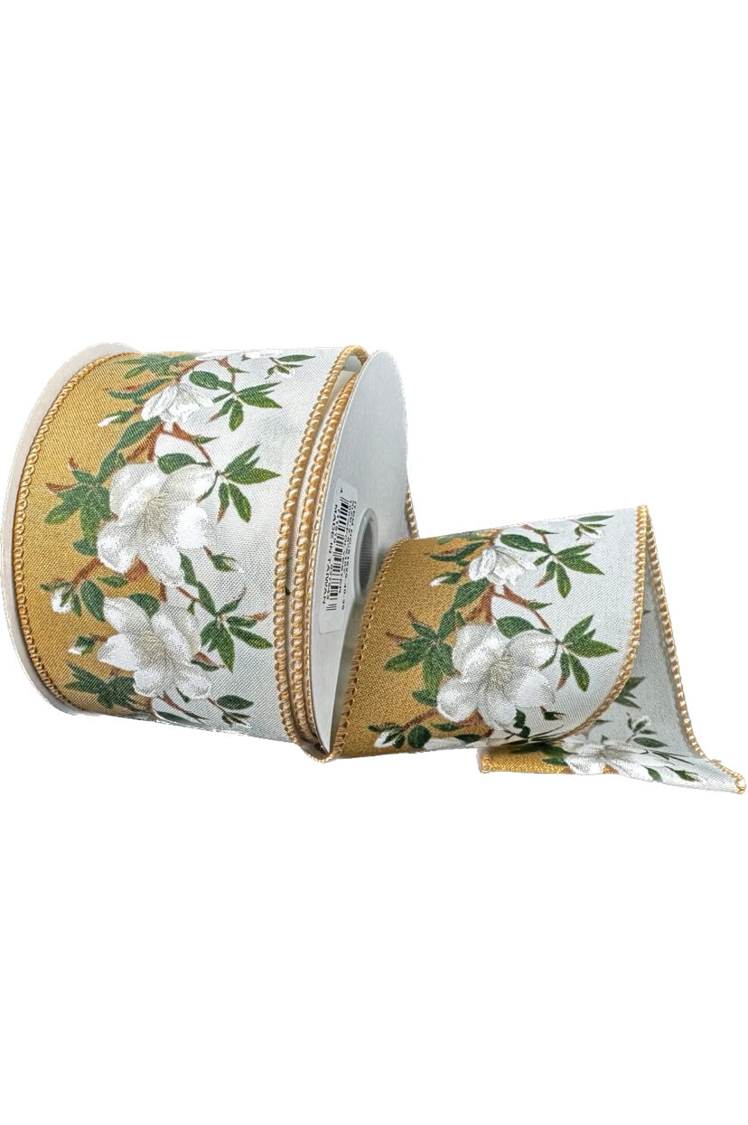 Wired Floral on Tan and White Background on Satin Ribbon- 2.5”x10 Yards
