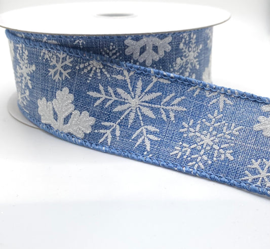 10 Yards - 1.5” Wired Light Blue Denim White Snowflake Ribbon