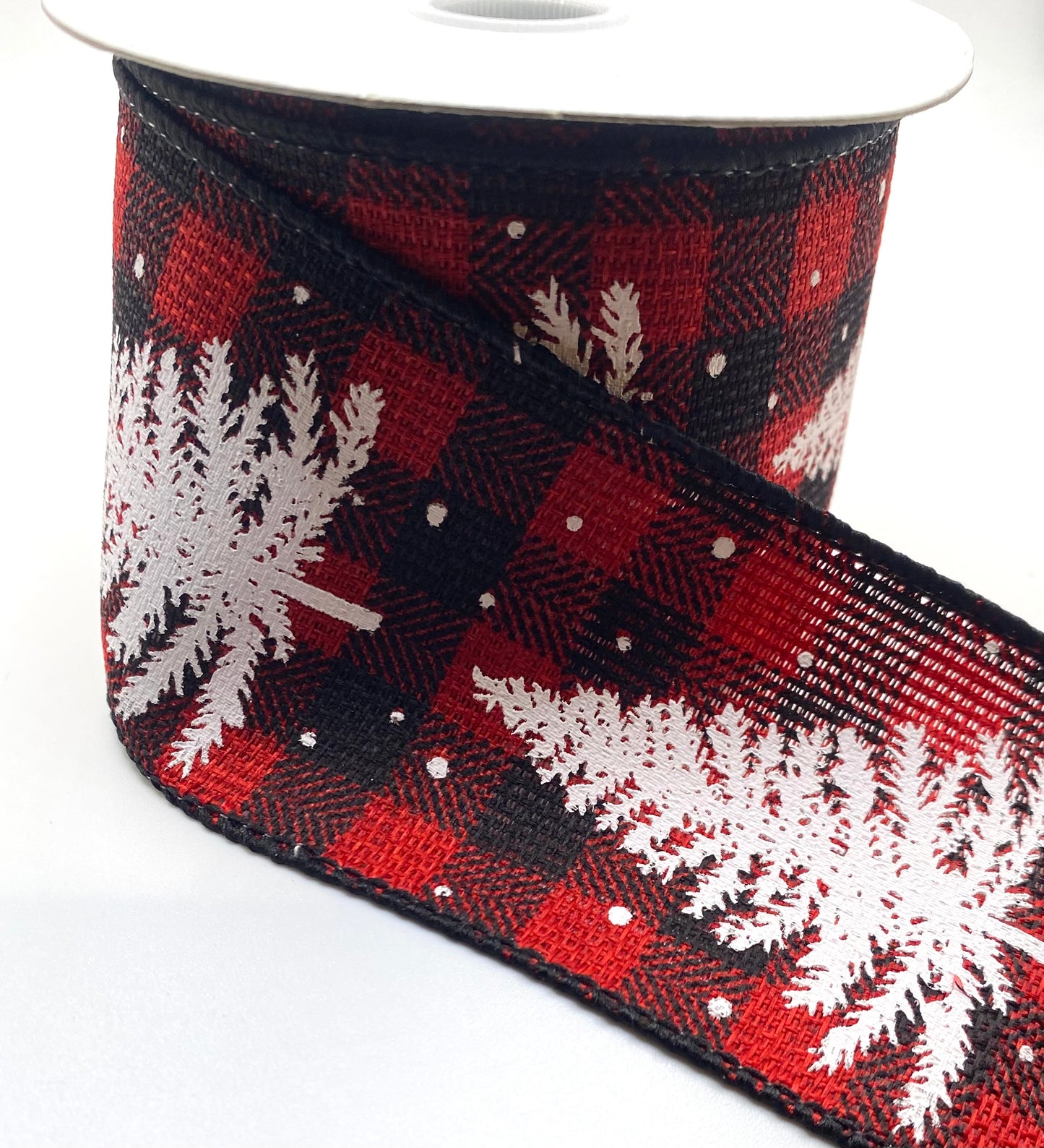 10 Yards - 2.5” Red and Black Buffalo Plaid White Christmas Tree Ribbon