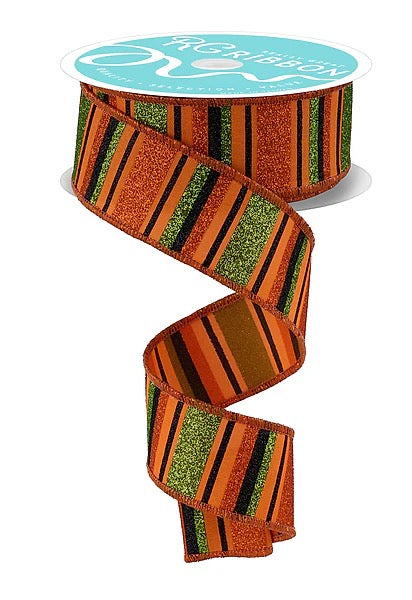 Wired Orange, Green and Black Horizontal Stripe Glitter Accent Ribbon- 1.5”x10 Yards