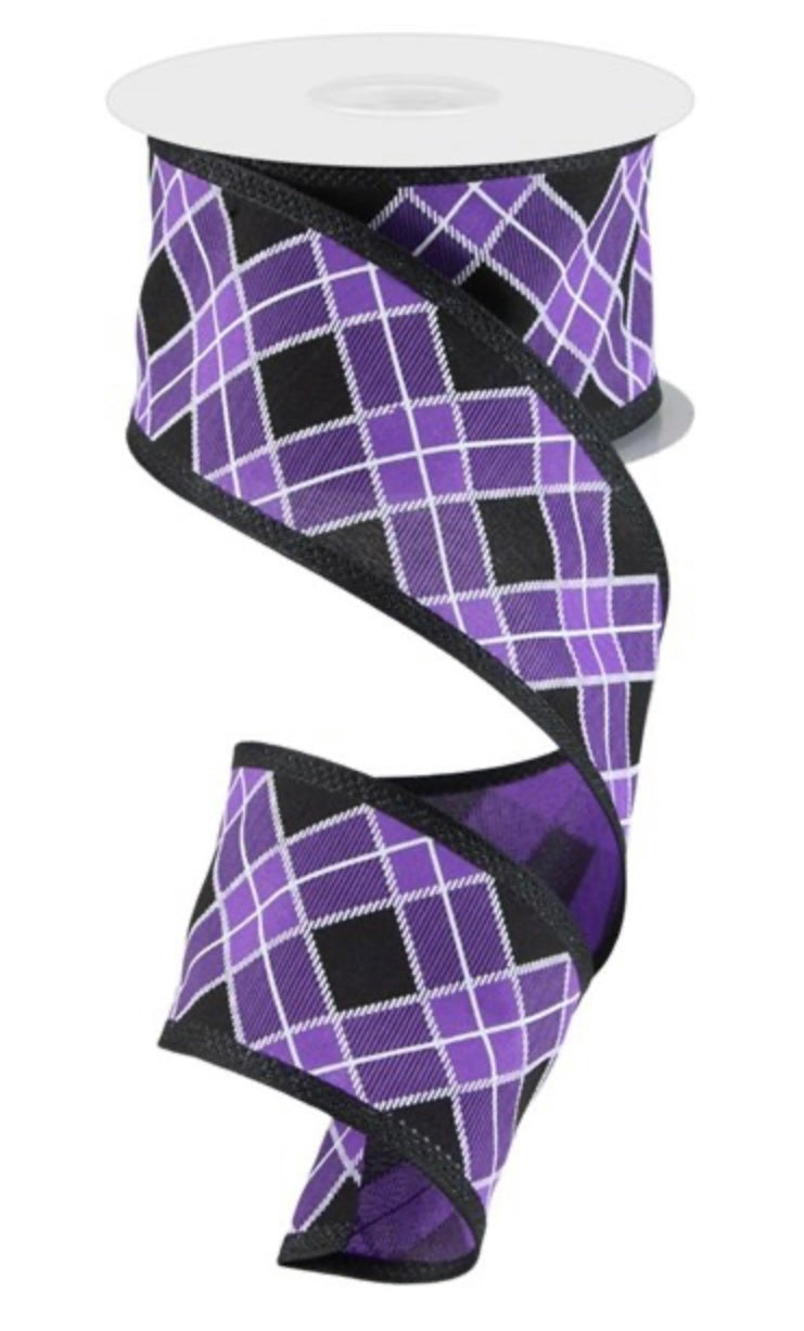 10 Yards - 2.5" Wired Purple, Black, and White Cross Plaid Ribbon