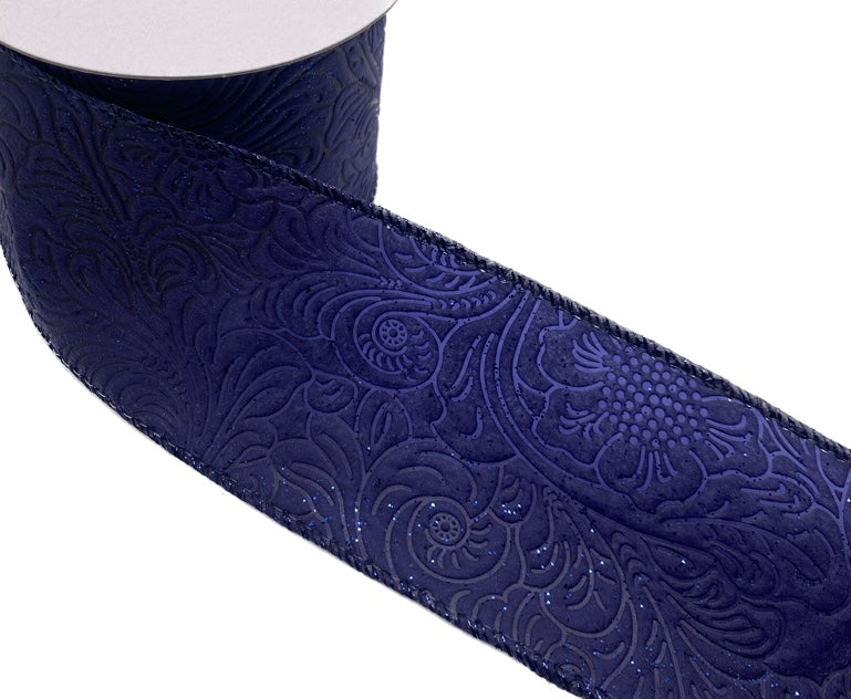 10 Yards - 2.5" Wired Navy Blue Glitter Floral Design Embossed Ribbon