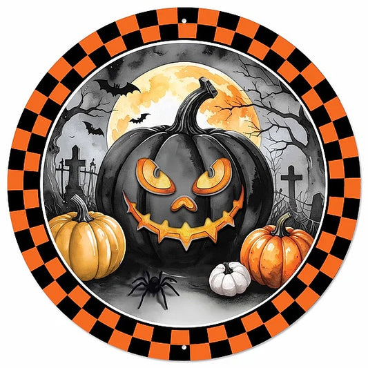 12" Round Metal Jack o Lantern Moon Wreath Signs