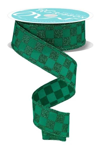 Wired Green Print Glitter Check Ribbon- 1.5”x10 Yards
