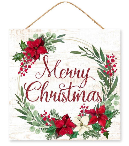 10” Square Merry Christmas Poinsettia Wreath Sign with Glitter Accent