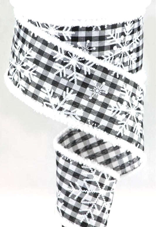 2.5”x 10 Yards- Snowflake Ribbon on Black and White Check Background