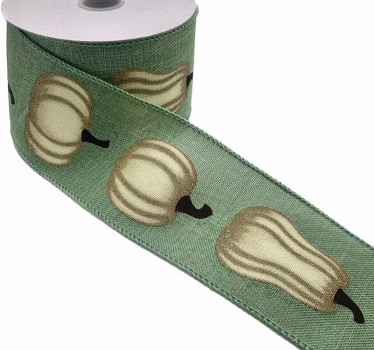 10 Yards - 2.5” Wired Pale Green Linen White Pumpkins Ribbon