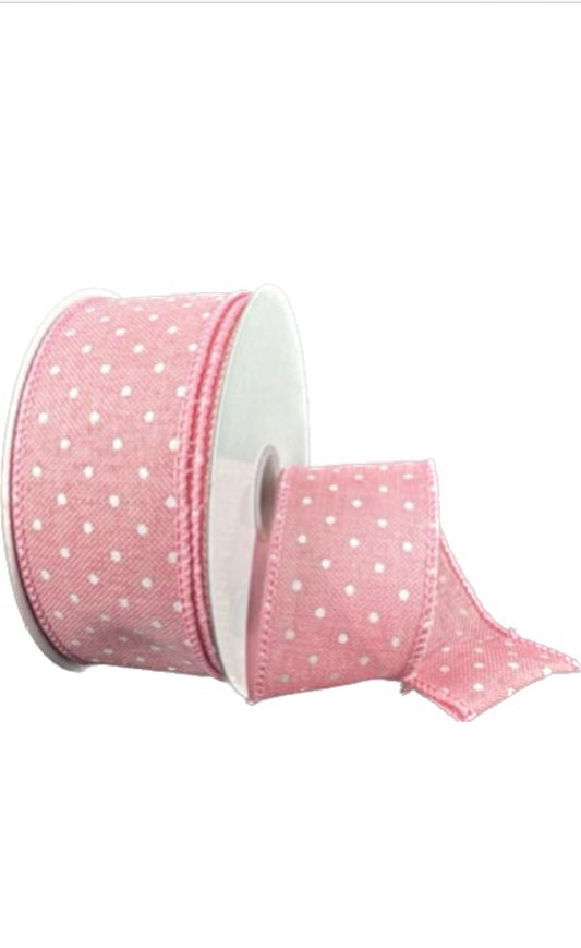 Wired Pink Linen Swiss Dot Ribbon- 1.5”x10 Yards