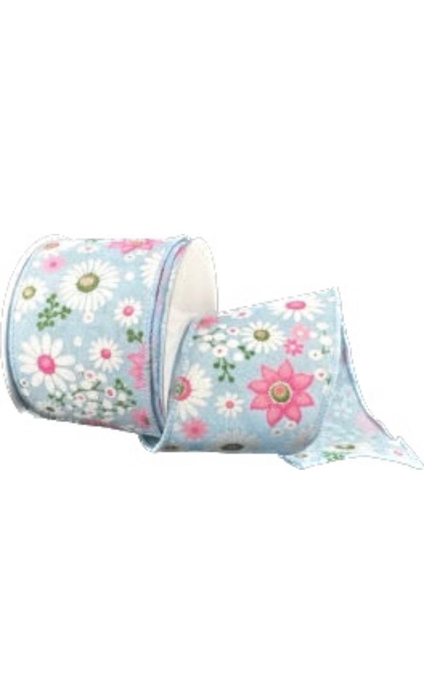 Wired Light Blue Linen Spring Flowers Explosion Ribbon-2.5”x10 Yards