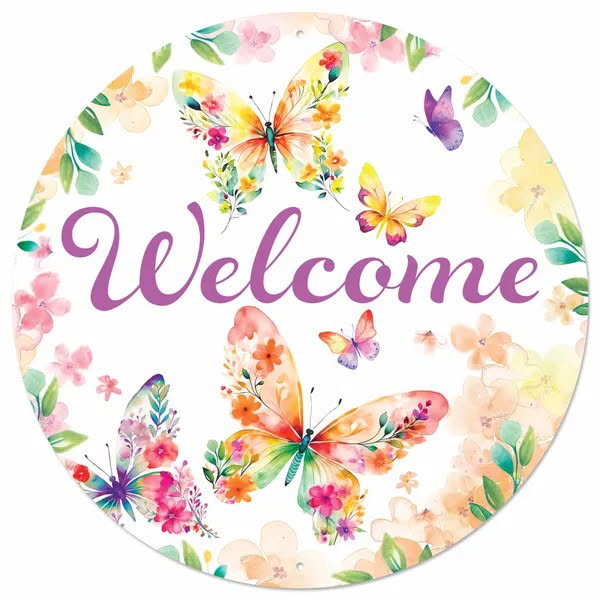 12” Round Metal Butterfly Welcome Wreath Sign
