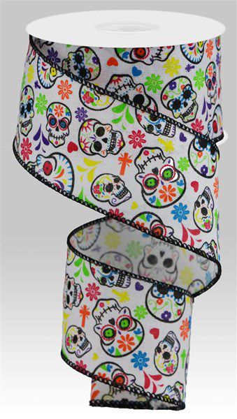 10 Yards - 2.5” Wired Multicolor Skull Ribbon