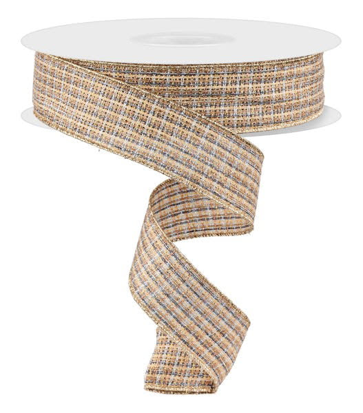 Wired Gold, Silver, and Natural Woven Cross Hatch Metallic Ribbon- 1.5”x50 Yards