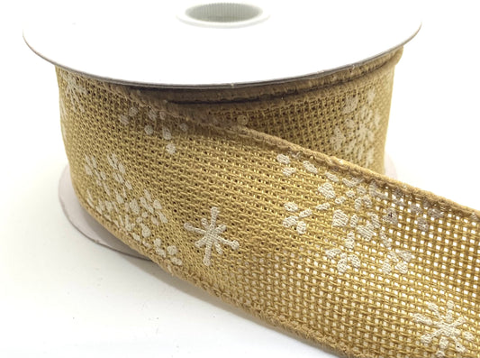 10 Yards - 1.5” Wired Natural and White Snowflake Ribbon