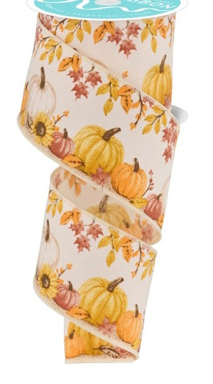 10 Yards - 2.5” Wired Pumpkin and Foliage with Cream Background Ribbon
