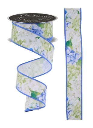 Wired Blue and White Hydrangeas Ribbon- 1.5”x10 Yards