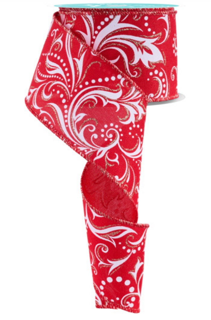 10 Yards- 2.5” Wired Red and White Leaf Filagree Ribbon