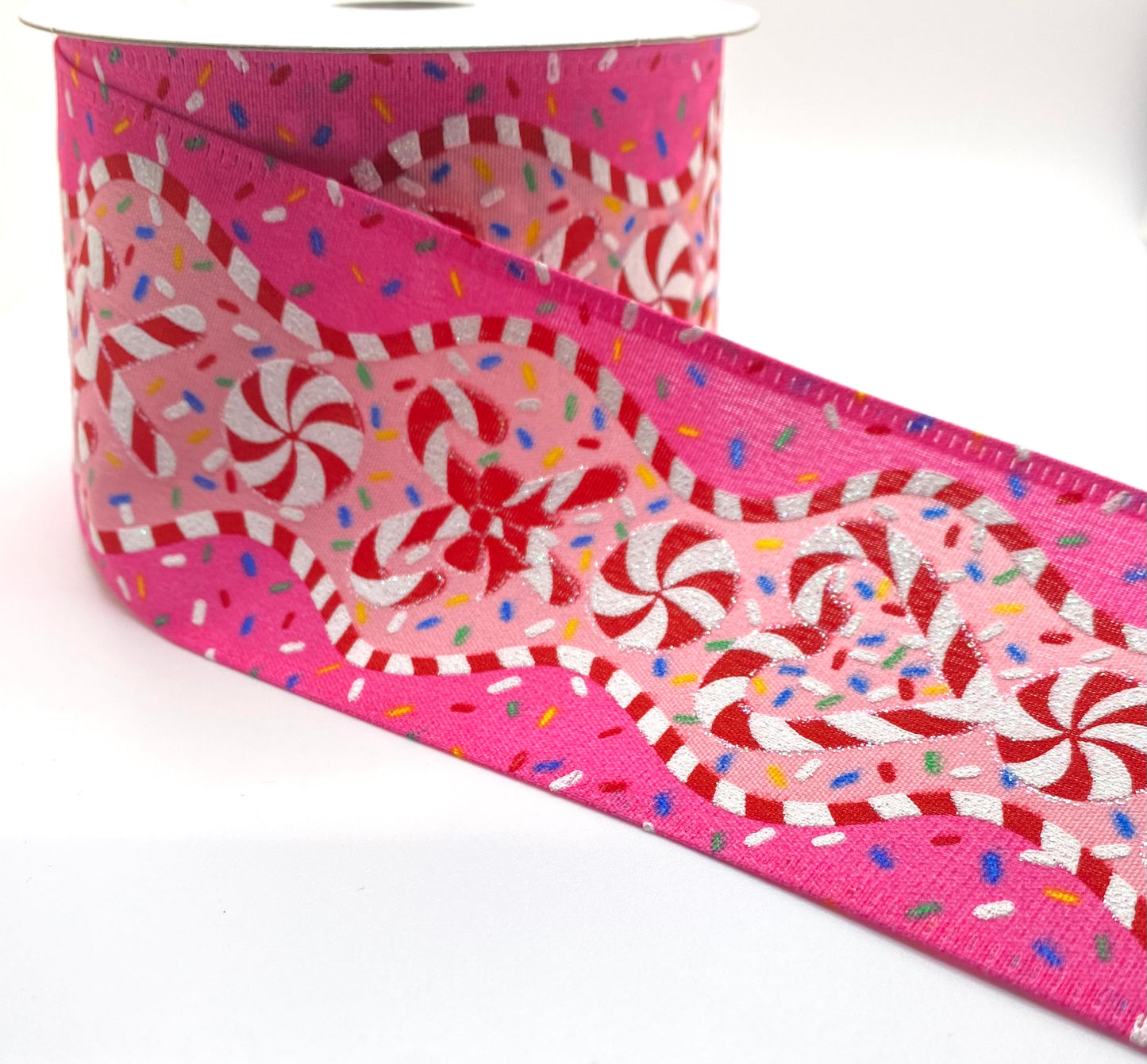 10 Yards - 2.5” Wired Pink Satin Candy Cane Sprinkles Ribbon