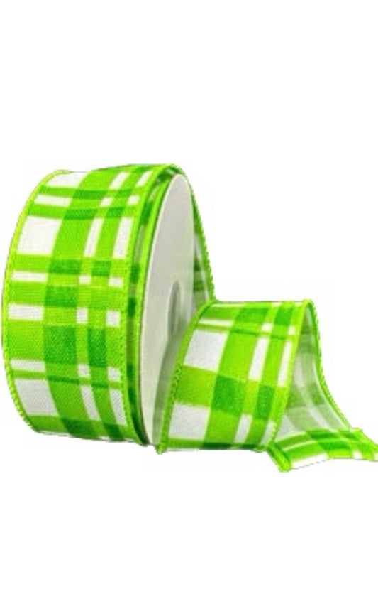 Wired Lime Green Watercolor Tuttola Plaid Ribbon- 1.5” x10 Yards