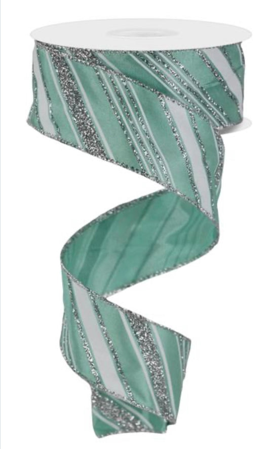 Wired Dark Mint, Silver, and White Diagonal Stripe Glitter Accent Ribbon- 1.5”x10 Yards