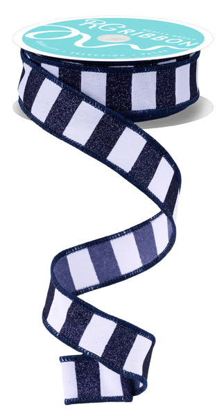 Wired White with Navy Horizontal Stripe Glitter Accent Ribbon- 7/8”x10 Yards