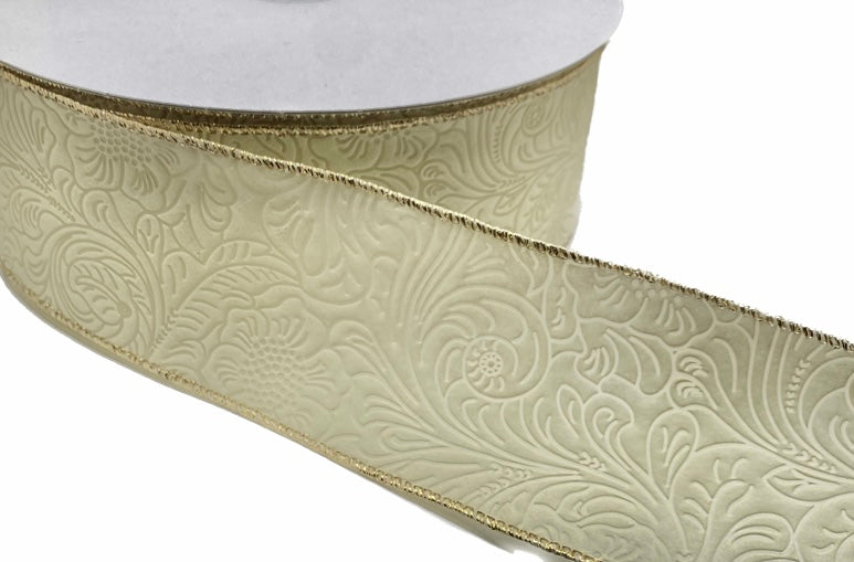 50 Yards - 2.5” Wired Ivory Champagne with Gold Metallic Edge Floral Design Embossed Ribbon