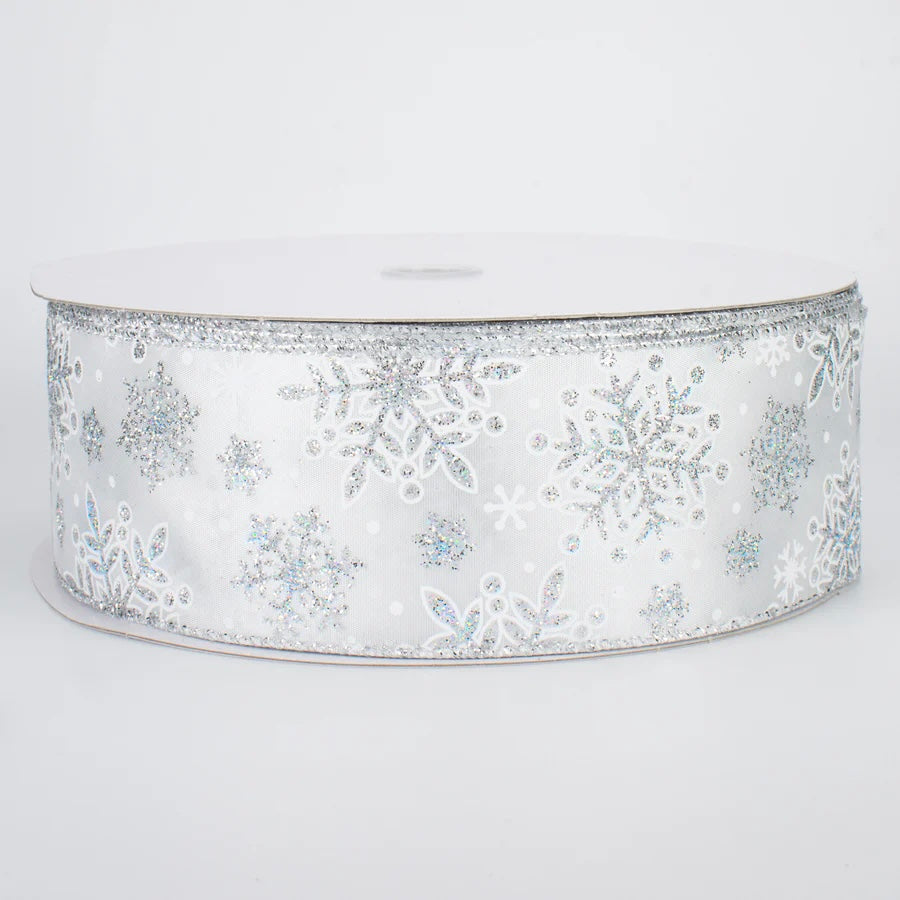 50 Yards - 2.5” Silver and White Glitter Snowflakes Ribbon