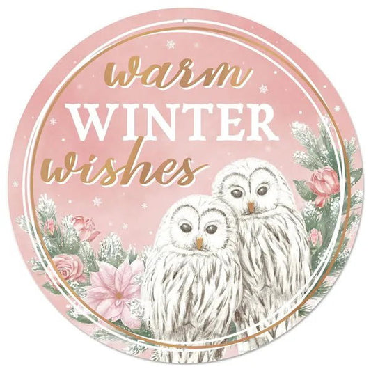 12” Round Metal Warm Winter Wishes Owls Wreath Sign