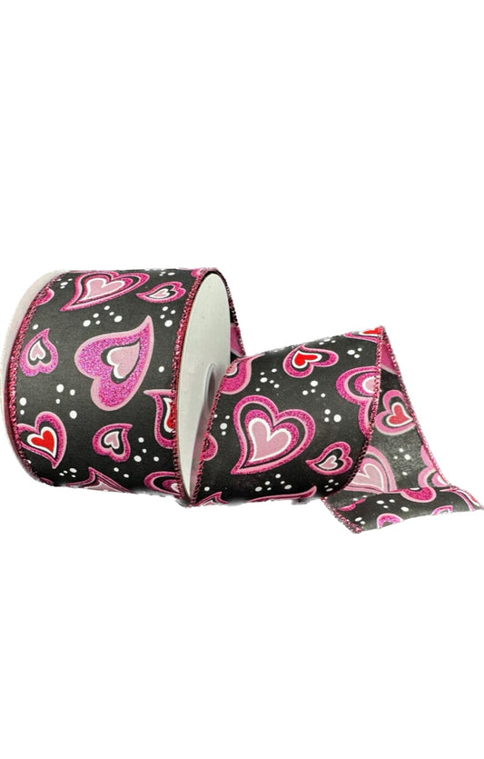 Wired Black Satin Pink Red Fuchsia  Glitter Groovy Hearts Valentines Day Ribbon- 2.5”x10 Yards