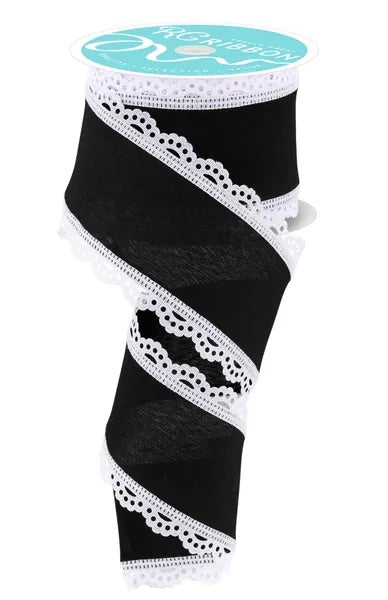 Wired Black Ribbon with Lace Edge-2.5”x10 Yards