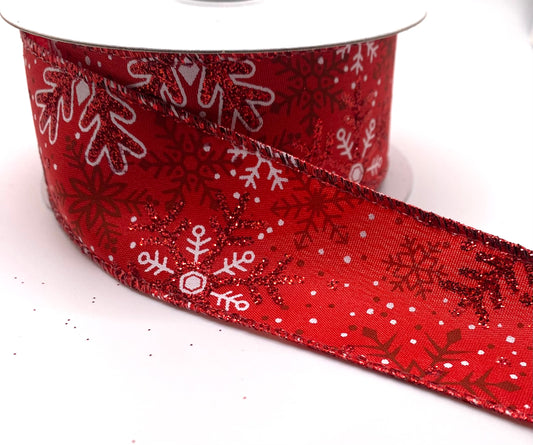 10 Yards - 1.5” Wired Red Satin White Red Glitter Snowflakes Ribbon