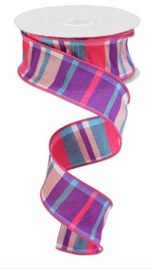 10 Yards - 1.5” Wired Pink, Purple, Blue Multicolor Horizontal Print Ribbon