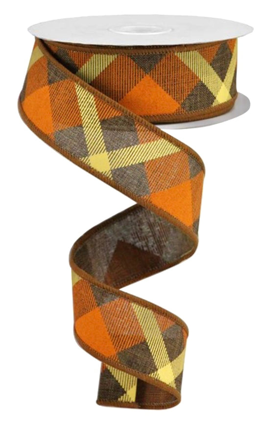 10 Yards - 1.5” Wired Orange, Brown and Cream Fall Cross Plaid Ribbon