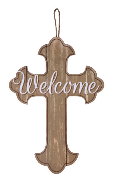 Welcome Cross MDF Wreath Sign- 16”Hx11”L