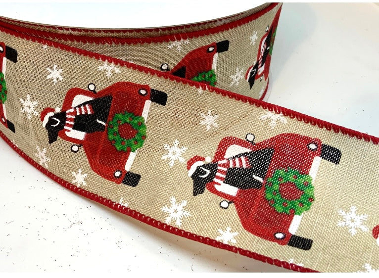 50 Yards - 2.5” Natural Background Dog and Red Truck Christmas Ribbon