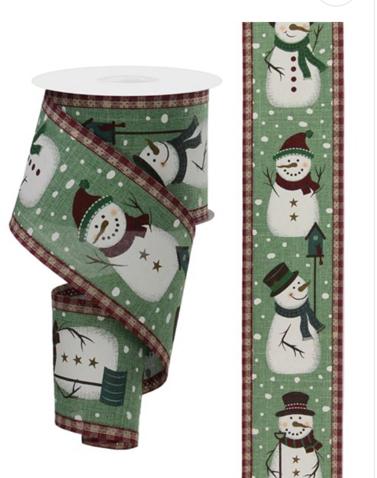 10 Yards - 2.5” Wired Green Background Gingham Edge Snowman  Ribbon