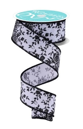 Wired White Background Black Mini Roses Ribbon- 1.5”x 10 Yards
