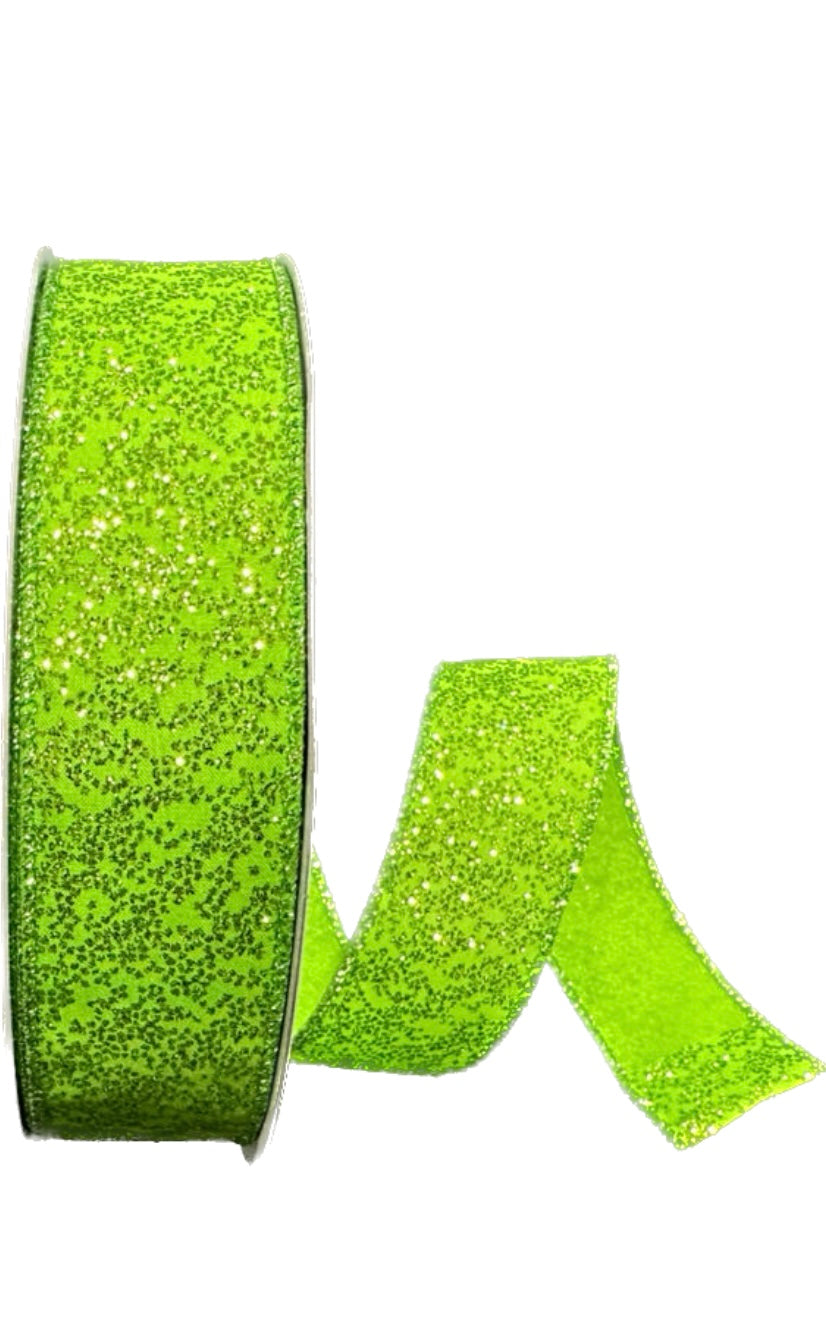 Wired Lime Green Glitter Christmas Ribbon- 1.5”x50 Yards