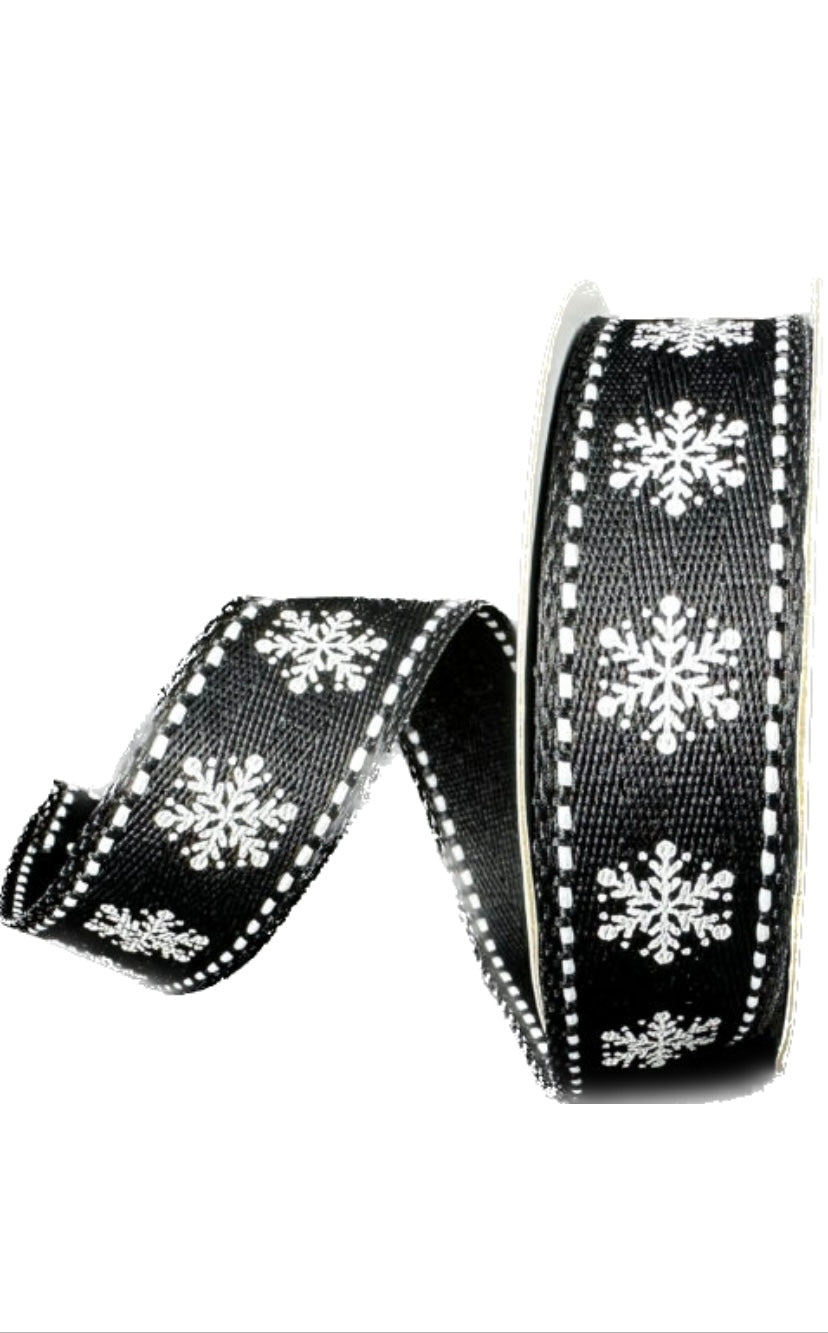 Wired Black Herringbone White Snowflake Dash Edge Ribbon-1”x10 Yards